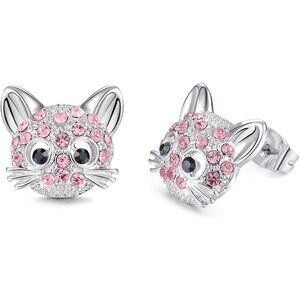 Pink Cubic Zirconia Hypoallergenic Cute Cat Stud Earrings for Women Teens Girls